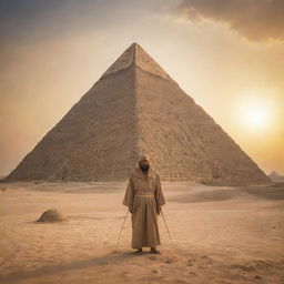 A compelling scene at the Pyramids of Giza and Pharaoh Fir’aun, now also featuring Prophet Moses (Nabi Musa), holding a staff and cloaked in robe, promoting an aura of calm and wisdom, under the majestic Egyptian sunset