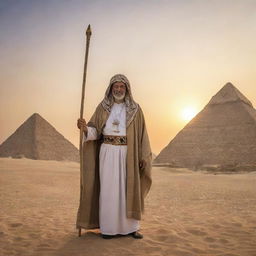 A compelling scene at the Pyramids of Giza and Pharaoh Fir’aun, now also featuring Prophet Moses (Nabi Musa), holding a staff and cloaked in robe, promoting an aura of calm and wisdom, under the majestic Egyptian sunset