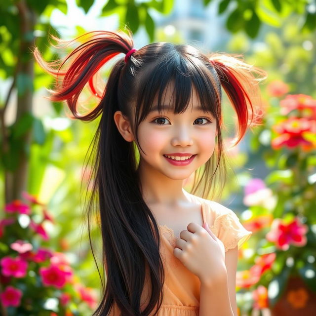 An Asian girl with a playful ponytail featuring a hint of red hair at the back, mixed with long, flowing black hair