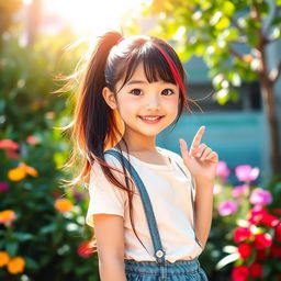 An Asian girl with a playful ponytail featuring a hint of red hair at the back, mixed with long, flowing black hair