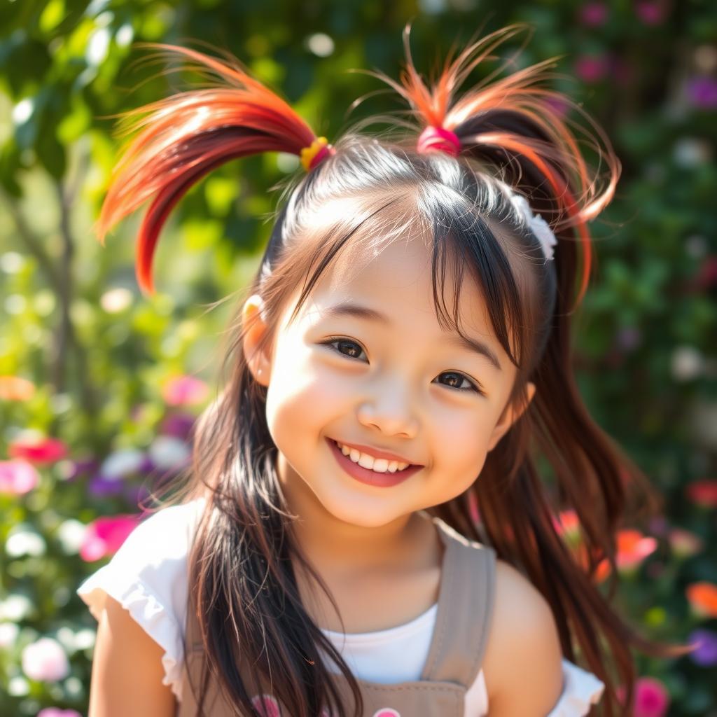 An Asian girl with a playful ponytail featuring a hint of red hair at the back, mixed with long, flowing black hair