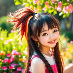 An Asian girl with a playful ponytail featuring a hint of red hair at the back, mixed with long, flowing black hair