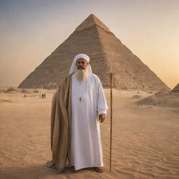 A compelling scene at the Pyramids of Giza and Pharaoh Fir’aun, now also featuring Prophet Moses (Nabi Musa), holding a staff and cloaked in robe, promoting an aura of calm and wisdom, under the majestic Egyptian sunset