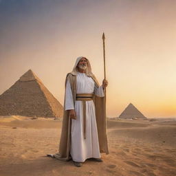 A compelling scene at the Pyramids of Giza and Pharaoh Fir’aun, now also featuring Prophet Moses (Nabi Musa), holding a staff and cloaked in robe, promoting an aura of calm and wisdom, under the majestic Egyptian sunset