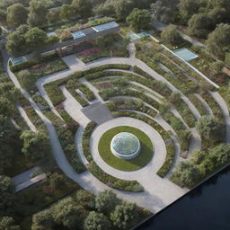 A futuristic garden layout map for 100 years into the future. The design incorporates advanced irrigation systems, indoor-outdoor living spaces, vertical eco-friendly gardens, and high-tech plant health monitoring systems. Accentuate a harmony of technology and nature.