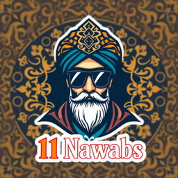 A logo design featuring a shaikh wearing stylish black goggles, with an ornate turban and traditional attire that reflects cultural elegance