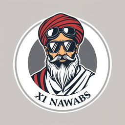 A circular logo design featuring a habibi shaikh with distinctive features wearing stylish black goggles