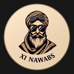 A circular logo design featuring a habibi shaikh with distinctive features wearing stylish black goggles