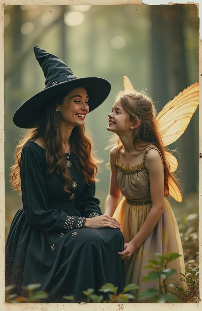 A candid vintage Polaroid photo featuring a witch and a fairy sharing a laugh together as they enjoy a joke