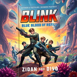 A captivating book cover illustration featuring four male adventurers in an intense battle against aliens, set on a vivid and alien planet