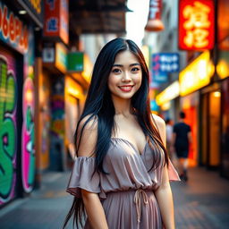 A beautiful young Asian woman standing confidently in a vibrant urban setting, wearing a stylish outfit that includes a flowing dress