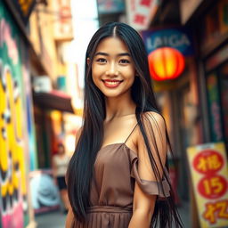 A beautiful young Asian woman standing confidently in a vibrant urban setting, wearing a stylish outfit that includes a flowing dress