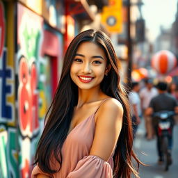 A beautiful young Asian woman standing confidently in a vibrant urban setting, wearing a stylish outfit that includes a flowing dress