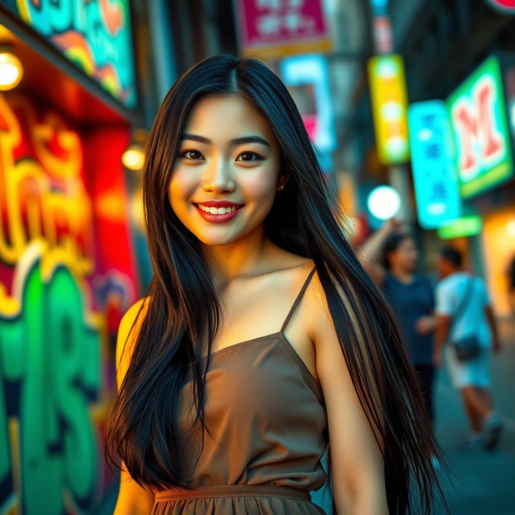 A beautiful young Asian woman standing confidently in a vibrant urban setting, wearing a stylish outfit that includes a flowing dress