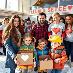 An uplifting scene featuring a Ukrainian refugee family in Canada being warmly welcomed by community volunteers