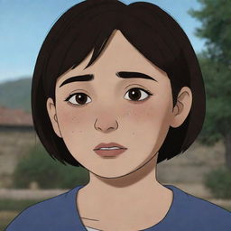 A touching scene featuring a 16-year-old Armenian girl with short hair, seen crying. Her glistening tears are relayed through the animated concept, whilst the traditional Armenian surroundings add depth to her story.