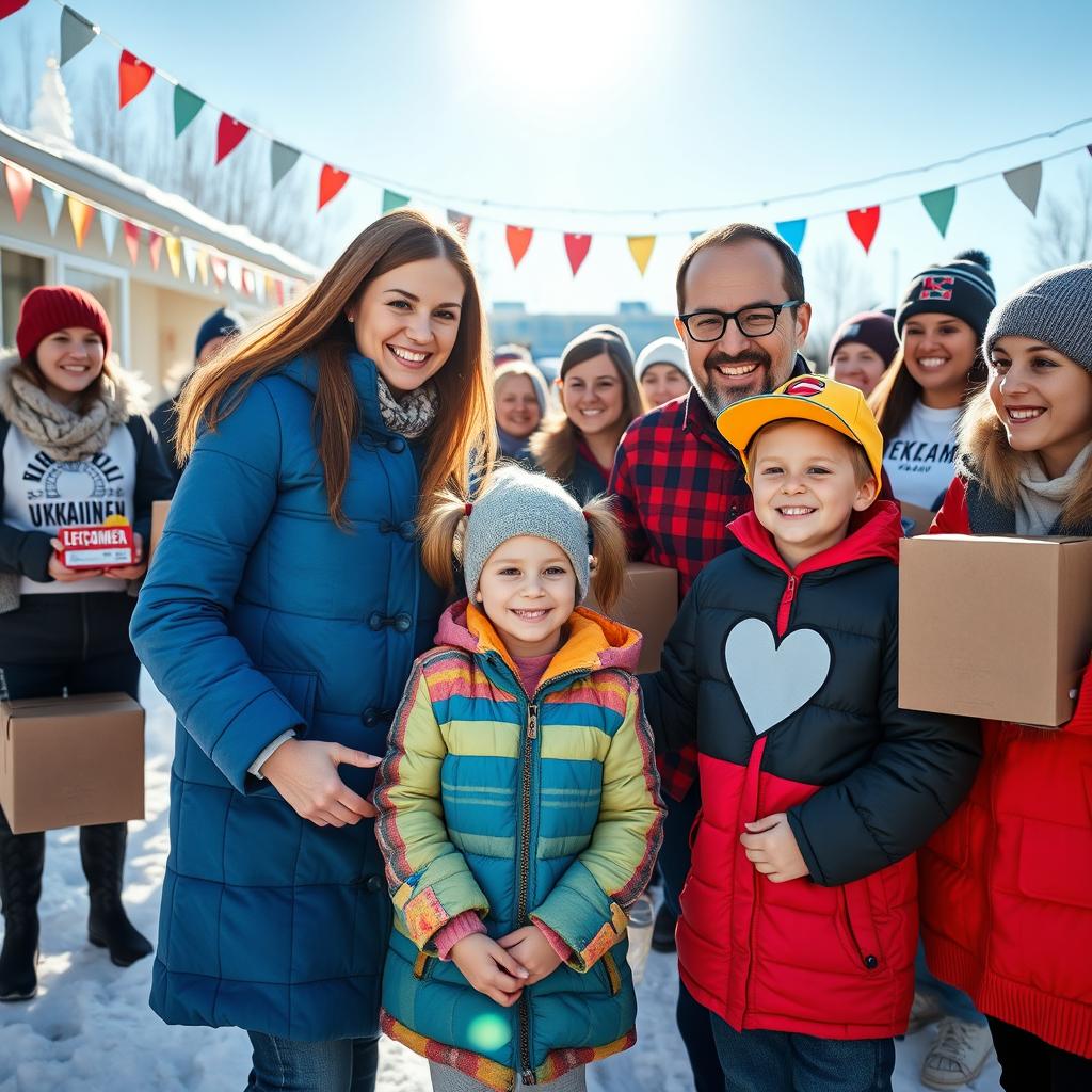 An uplifting scene featuring a Ukrainian refugee family in Canada being warmly welcomed by community volunteers