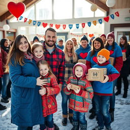 An uplifting scene featuring a Ukrainian refugee family in Canada being warmly welcomed by community volunteers