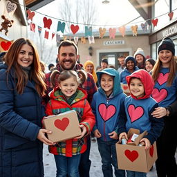 An uplifting scene featuring a Ukrainian refugee family in Canada being warmly welcomed by community volunteers