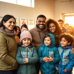 A touching scene of a refugee family in Canada warmly interacting with volunteers who are helping them settle in