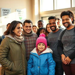 A touching scene of a refugee family in Canada warmly interacting with volunteers who are helping them settle in