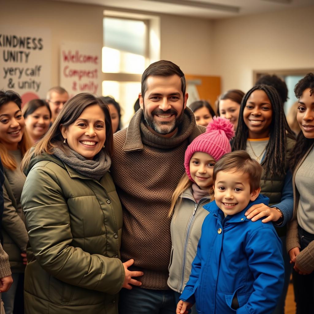 A touching scene of a refugee family in Canada warmly interacting with volunteers who are helping them settle in