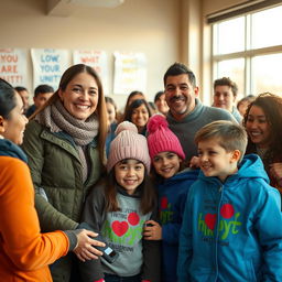 A touching scene of a refugee family in Canada warmly interacting with volunteers who are helping them settle in