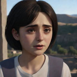 A touching scene featuring a 16-year-old Armenian girl with short hair, seen crying. Her glistening tears are relayed through the animated concept, whilst the traditional Armenian surroundings add depth to her story.