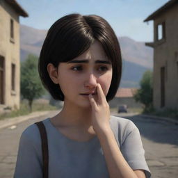 A touching scene featuring a 16-year-old Armenian girl with short hair, seen crying. Her glistening tears are relayed through the animated concept, whilst the traditional Armenian surroundings add depth to her story.