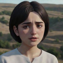 A touching scene featuring a 16-year-old Armenian girl with short hair, seen crying. Her glistening tears are relayed through the animated concept, whilst the traditional Armenian surroundings add depth to her story.