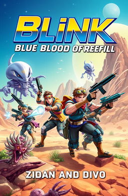 A vibrant book cover featuring four male adventurers bravely battling aliens on a distant planet