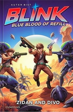 A vibrant book cover featuring four male adventurers bravely battling aliens on a distant planet