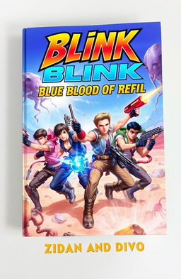 A vibrant book cover featuring four male adventurers bravely battling aliens on a distant planet