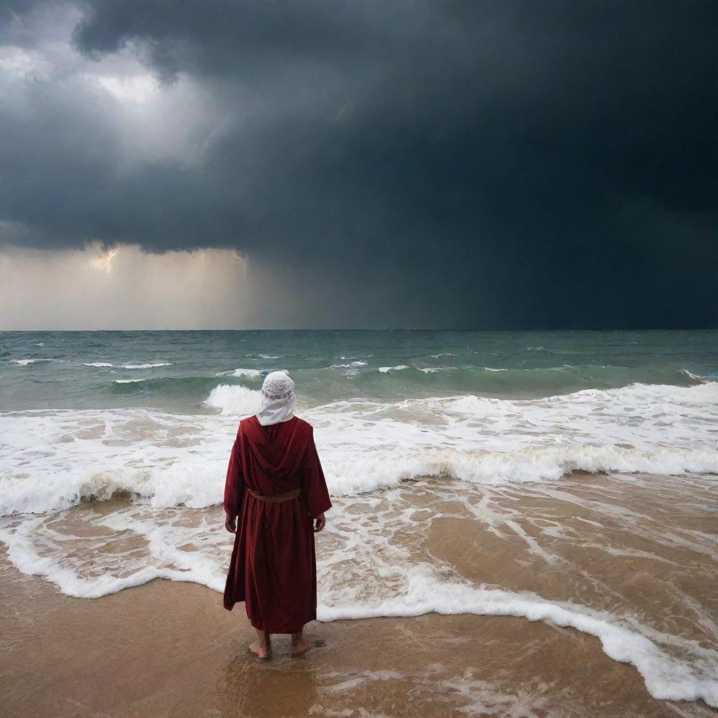 Prophet Moses (Nabi Musa) and his followers standing at the edge of the Red Sea, looking back anxiously at the pursuing army of Pharaoh Fir’aun, illuminated under a dramatic, cloudy, storm brooding sky.