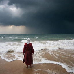 Prophet Moses (Nabi Musa) and his followers standing at the edge of the Red Sea, looking back anxiously at the pursuing army of Pharaoh Fir’aun, illuminated under a dramatic, cloudy, storm brooding sky.