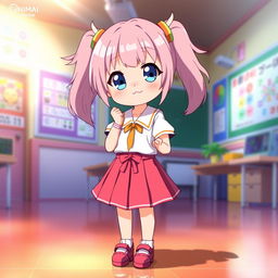 A character design of Mahiro Chan from the anime series ONIMAI, featuring her with long pastel pink hair styled in twin tails, wearing a cute, colorful school uniform with a pleated skirt, white blouse, and cute shoes