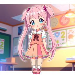 A character design of Mahiro Chan from the anime series ONIMAI, featuring her with long pastel pink hair styled in twin tails, wearing a cute, colorful school uniform with a pleated skirt, white blouse, and cute shoes