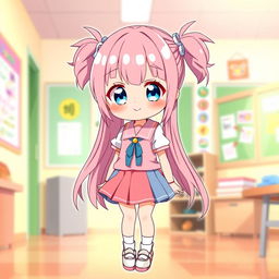 A character design of Mahiro Chan from the anime series ONIMAI, featuring her with long pastel pink hair styled in twin tails, wearing a cute, colorful school uniform with a pleated skirt, white blouse, and cute shoes