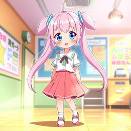 A character design of Mahiro Chan from the anime series ONIMAI, featuring her with long pastel pink hair styled in twin tails, wearing a cute, colorful school uniform with a pleated skirt, white blouse, and cute shoes