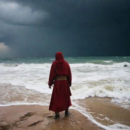 Prophet Moses (Nabi Musa) and his followers standing at the edge of the Red Sea, looking back anxiously at the pursuing army of Pharaoh Fir’aun, illuminated under a dramatic, cloudy, storm brooding sky.