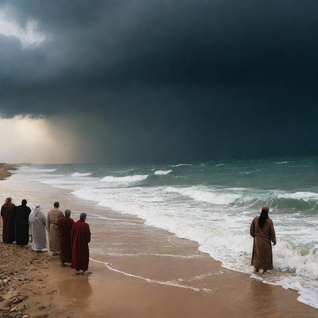 Prophet Moses (Nabi Musa) and his followers standing at the edge of the Red Sea, looking back anxiously at the pursuing army of Pharaoh Fir’aun, illuminated under a dramatic, cloudy, storm brooding sky.