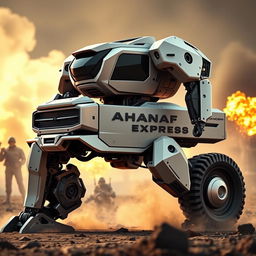 A futuristic battle robot designed as a hybrid of a G Wagon and a Lamborghini Aventador, showcasing a sleek and aggressive exterior