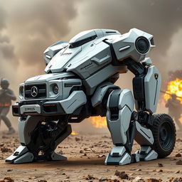 A futuristic battle robot designed as a hybrid of a G Wagon and a Lamborghini Aventador, showcasing a sleek and aggressive exterior