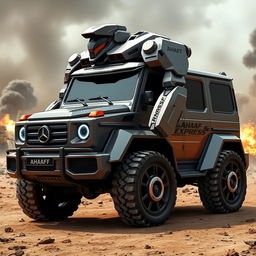 A futuristic battle robot designed as a hybrid of a G Wagon and a Lamborghini Aventador, showcasing a sleek and aggressive exterior