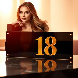 An artistic scene featuring a glamorous name plate displaying the number 18, positioned stylishly alongside a confident young woman