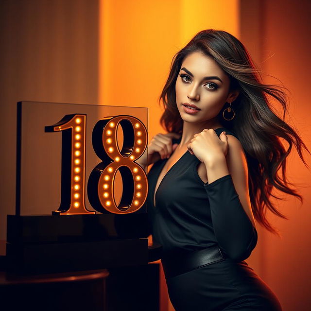 An artistic scene featuring a glamorous name plate displaying the number 18, positioned stylishly alongside a confident young woman