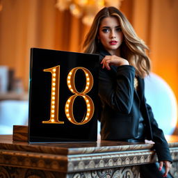 An artistic scene featuring a glamorous name plate displaying the number 18, positioned stylishly alongside a confident young woman