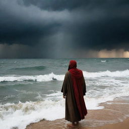 Prophet Moses (Nabi Musa) and his followers standing at the edge of the Red Sea, looking back anxiously at the pursuing army of Pharaoh Fir’aun, illuminated under a dramatic, cloudy, storm brooding sky.