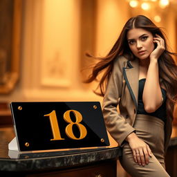 An artistic scene featuring a glamorous name plate displaying the number 18, positioned stylishly alongside a confident young woman