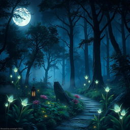 An enchanting fantasy night forest scene designed for a book cover